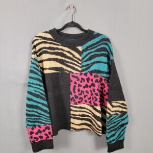 Rails Animal Print Patchwork Cable Knit Mohair Wool Pullover Sweater